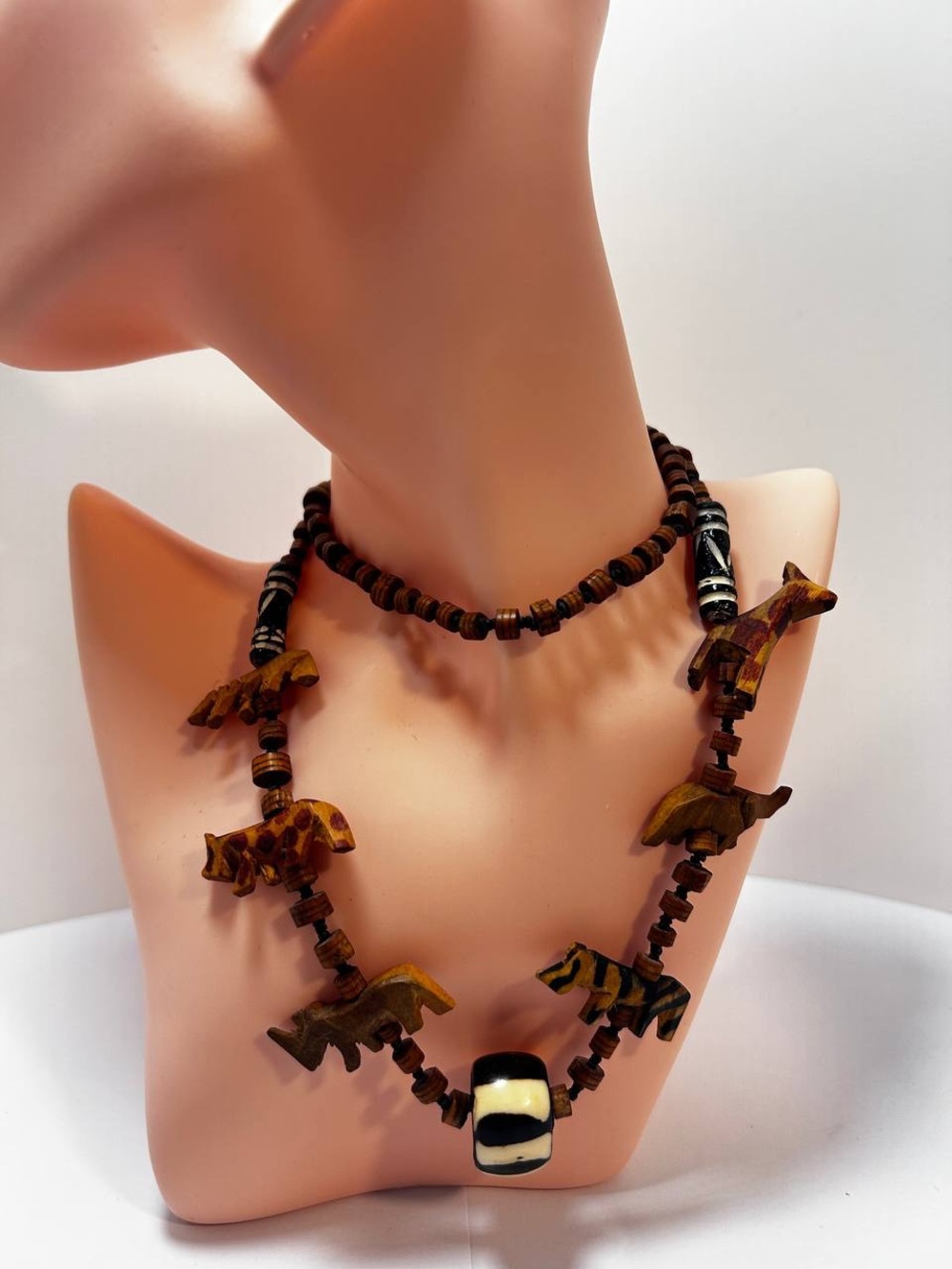Vintage African Tribal Necklace Handmade Wooden Carved Animals Travel Souvenir